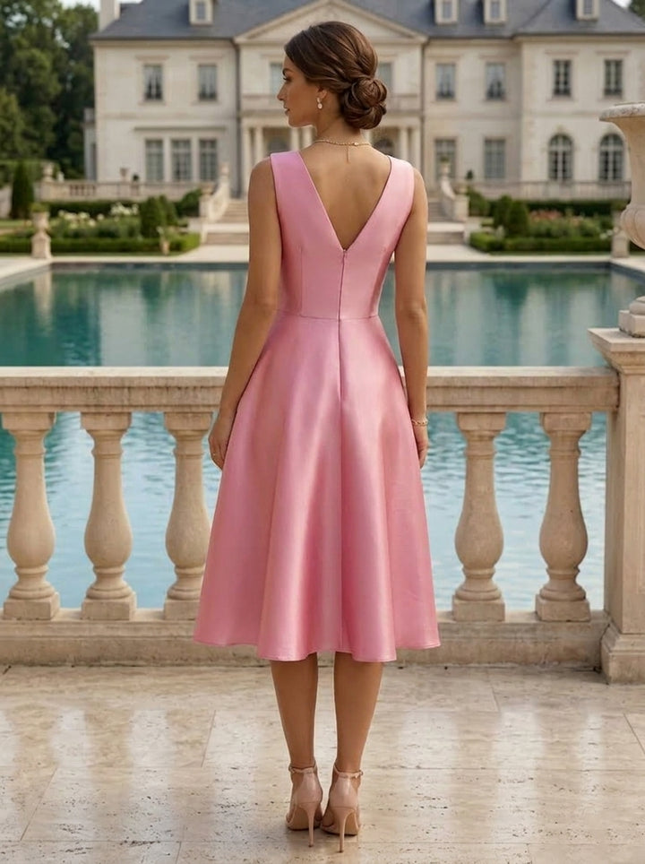 A-Line/Princess V-Neck Satin Cocktail Dresses with Bowknot Sleeveless Tea-Length Formal Dresses