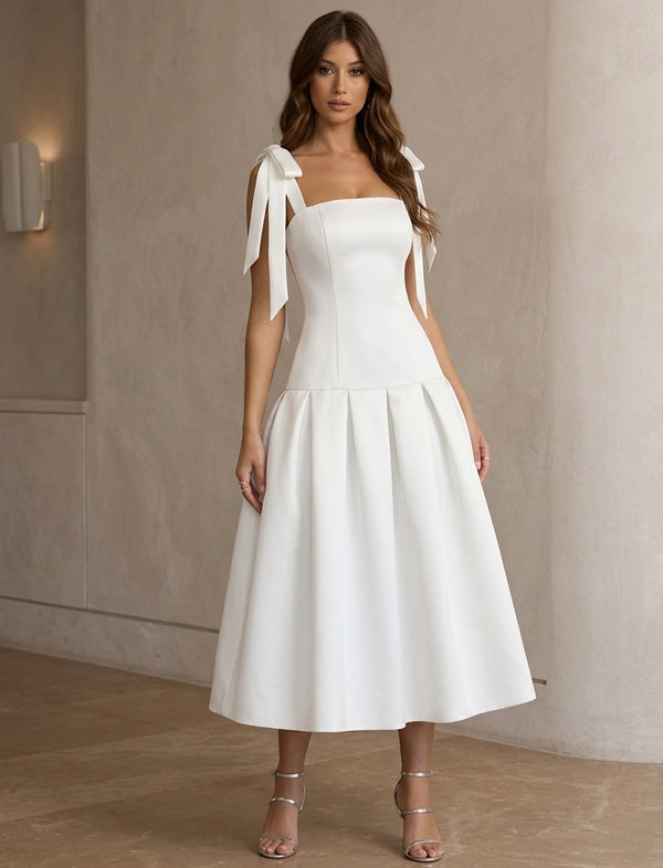 A-Line/Princess Square Collar Stretch Satin Cocktail Dresses with Bowknot Sleeveless Tea-Length Formal Dresses