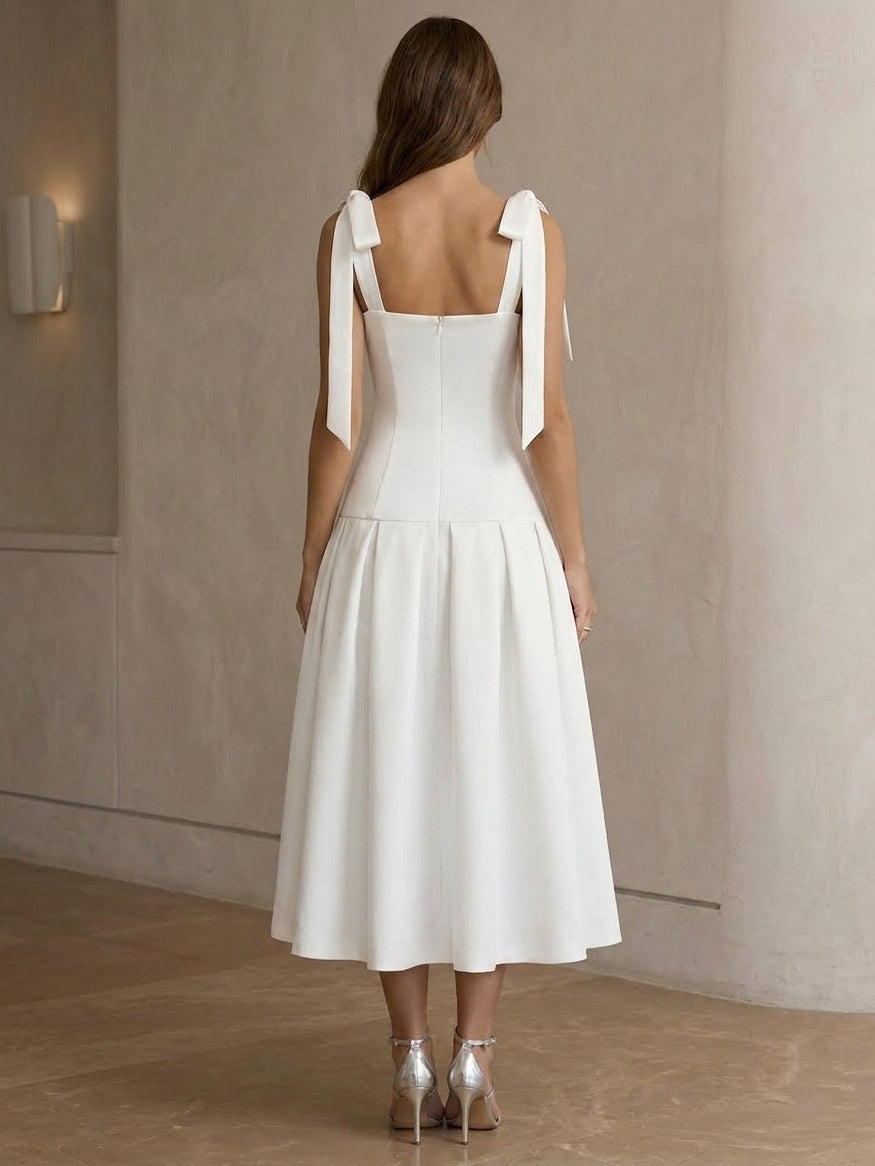 A-Line/Princess Square Collar Stretch Satin Cocktail Dresses with Bowknot Sleeveless Tea-Length Formal Dresses