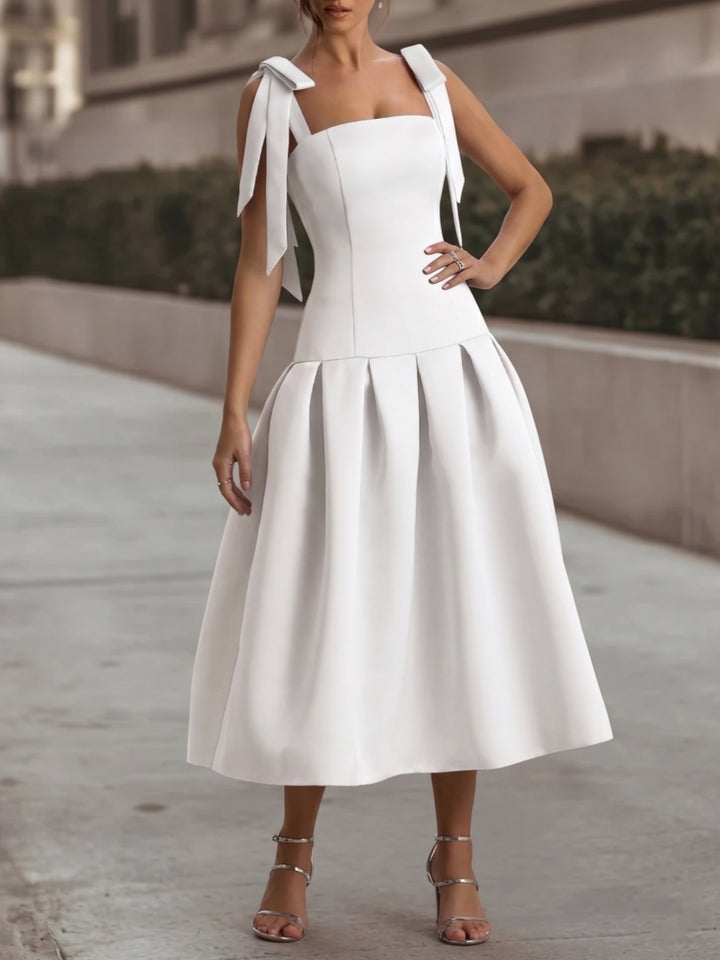 A-Line/Princess Square Collar Stretch Satin Cocktail Dresses with Bowknot Sleeveless Tea-Length Formal Dresses