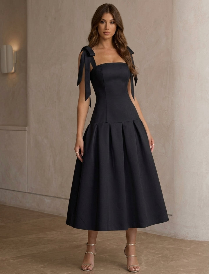 A-Line/Princess Square Collar Stretch Satin Cocktail Dresses with Bowknot Sleeveless Tea-Length Formal Dresses