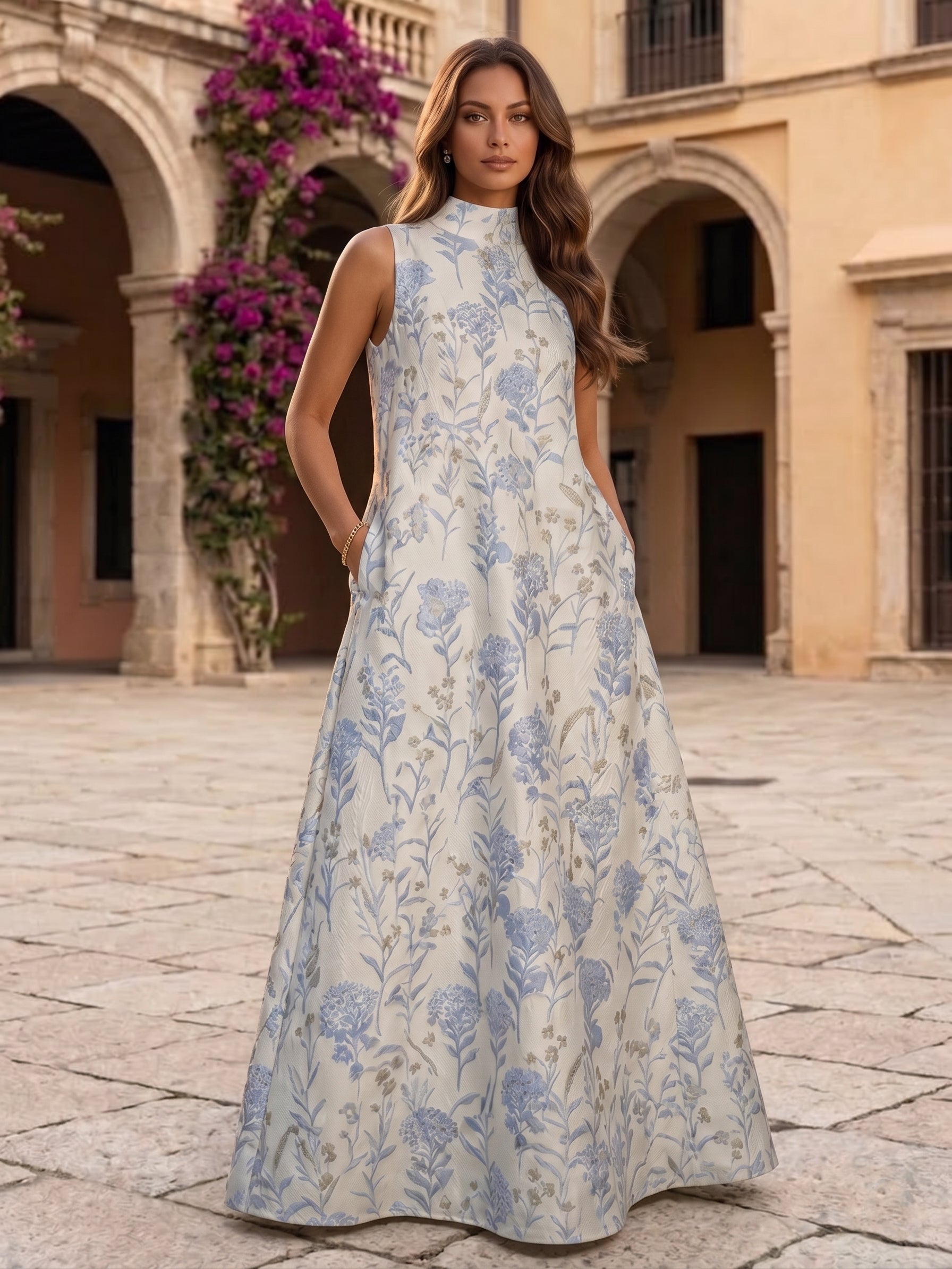 A-Line/Princess Mock Neck Jacquard Evening Dresses Floral