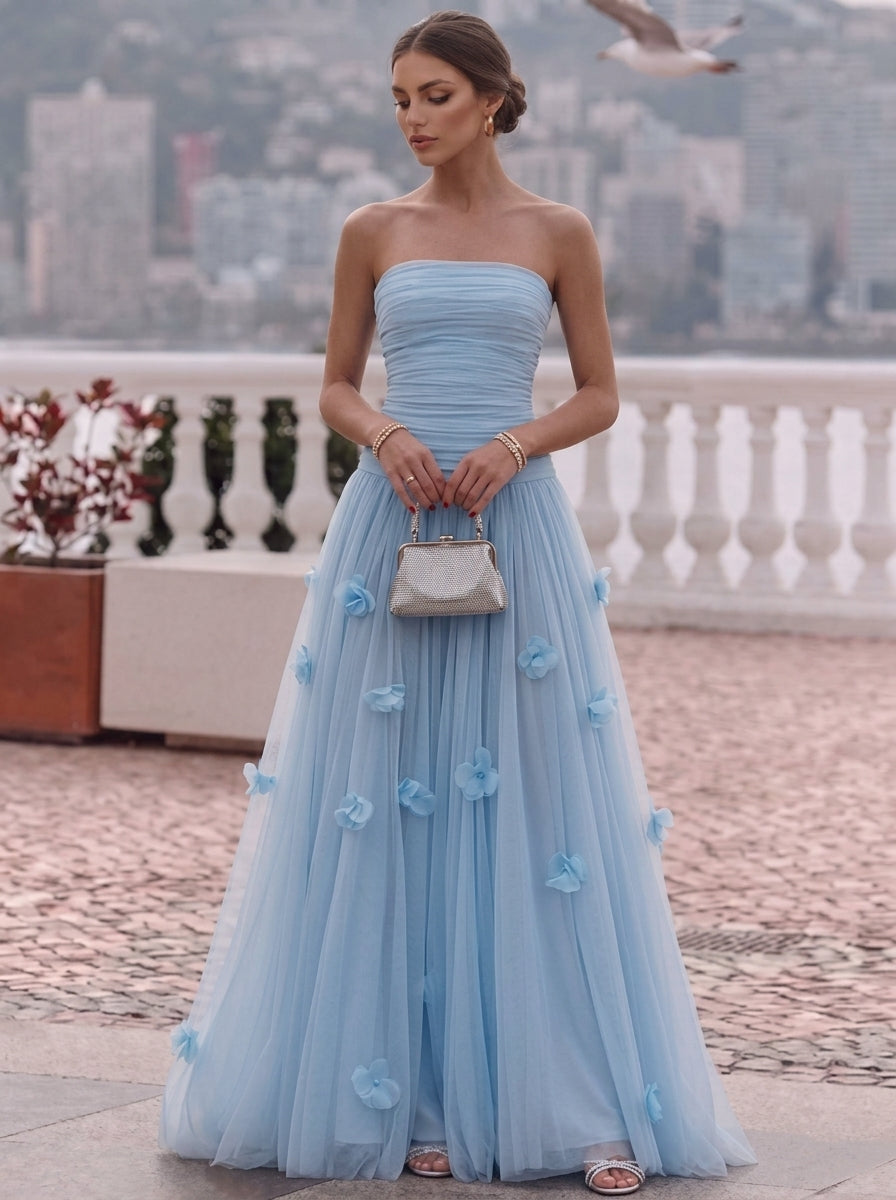 A-Line/Princess Strapless Tulle Evening Dresses with 3D Flowers Sleeveless Floral Floor-Length Party Dresses