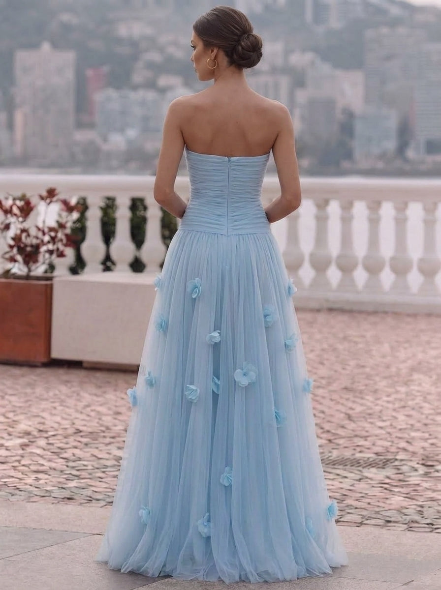 A-Line/Princess Strapless Tulle Evening Dresses with 3D Flowers Sleeveless Floral Floor-Length Party Dresses