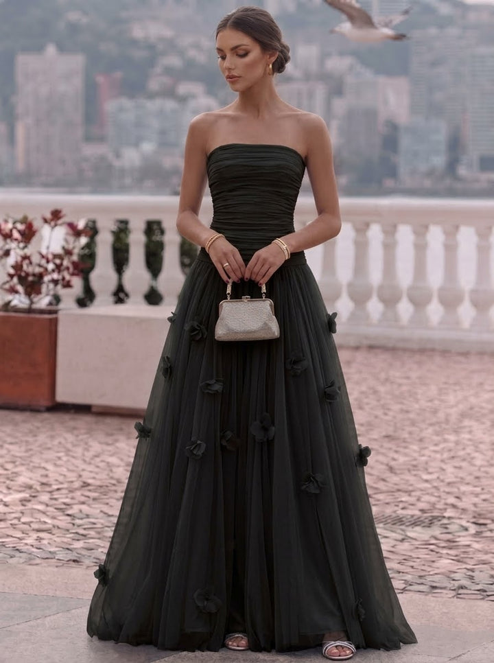 A-Line/Princess Strapless Tulle Evening Dresses with 3D Flowers Sleeveless Floral Floor-Length Party Dresses