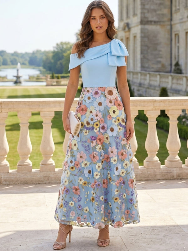 A-Line/Princess One-Shoulder Cocktail Dresses Sleeveless Floral Ankle-Length Formal Dresses Bowknot
