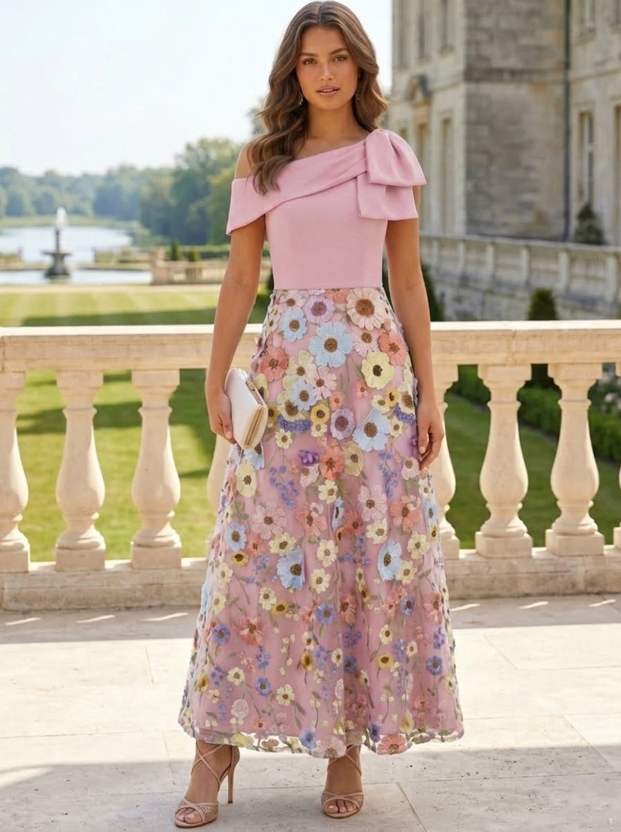 A-Line/Princess One-Shoulder Cocktail Dresses Sleeveless Floral Ankle-Length Formal Dresses Bowknot