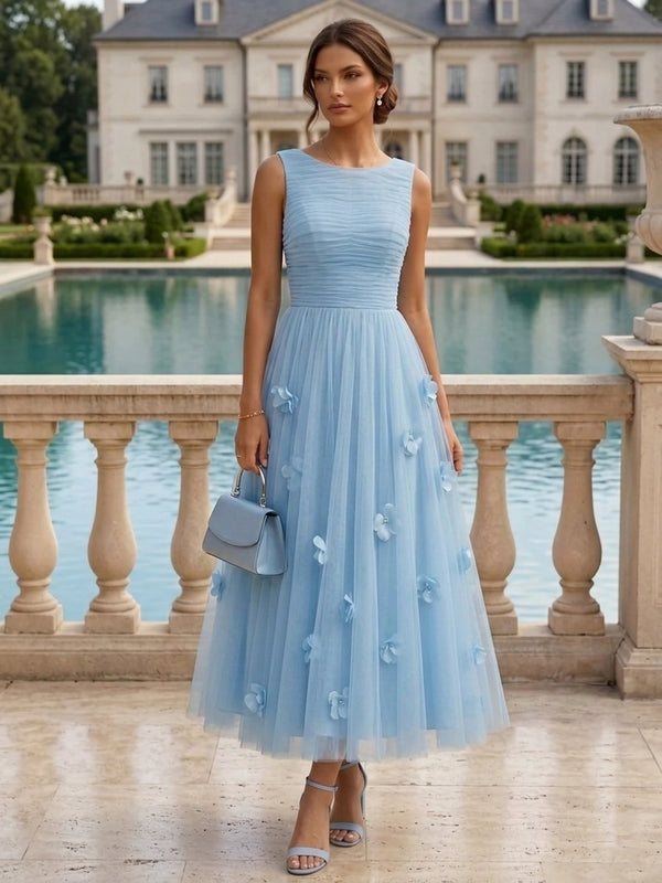 A-Line/Princess Scoop Tulle Cocktail Dresses Sleeveless Ankle-Length Formal Dresses With 3D Flowers