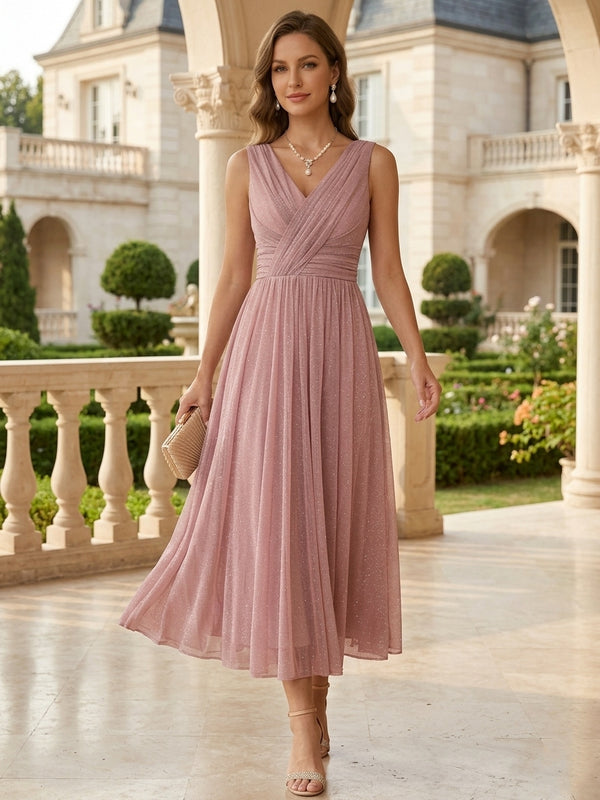 A-Line/Princess V-Neck Cocktail Dresses Sleeveless Metallic Mesh Tea-Length Formal Dresses Ruched