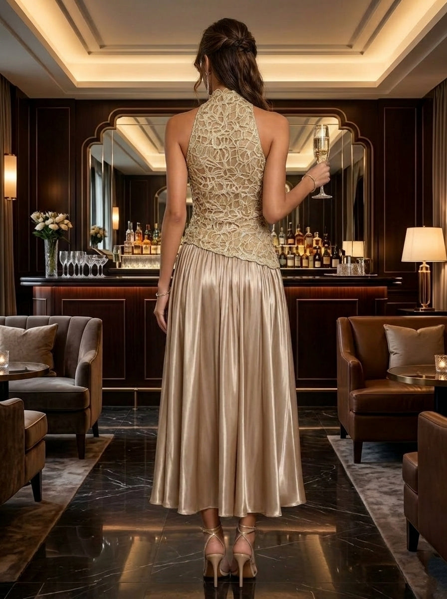 A-Line/Princess Mock Neck Cocktail Dresses Silk Satin Sleeveless Tea-Length Lace Formal Dresses