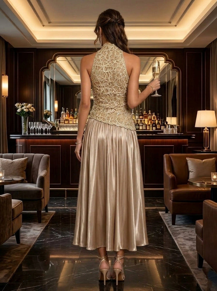 A-Line/Princess Mock Neck Cocktail Dresses Silk Satin Sleeveless Tea-Length Lace Formal Dresses