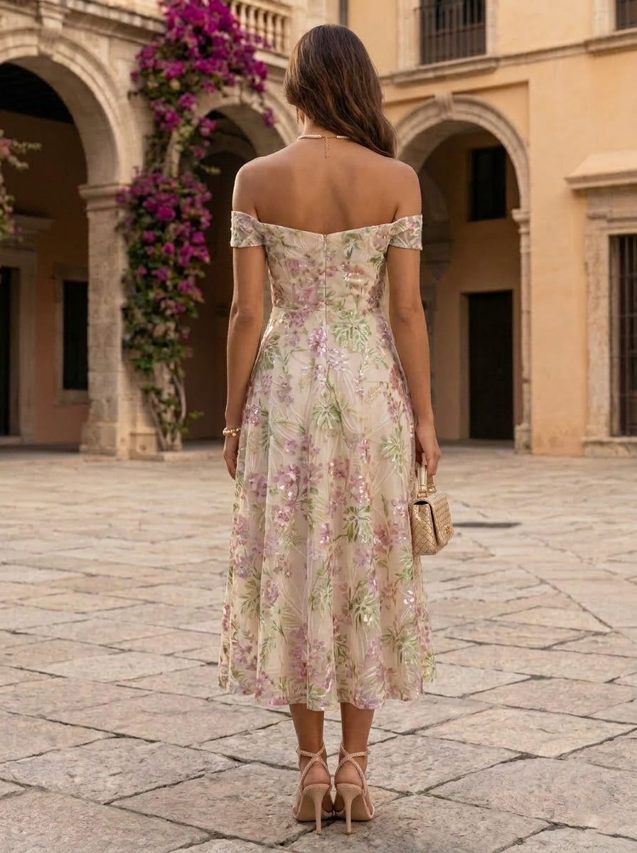 A-Line/Princess Off-the-Shoulder Cocktail Dresses Sleeveless Tea-Length Formal Dresses Floral Sequins