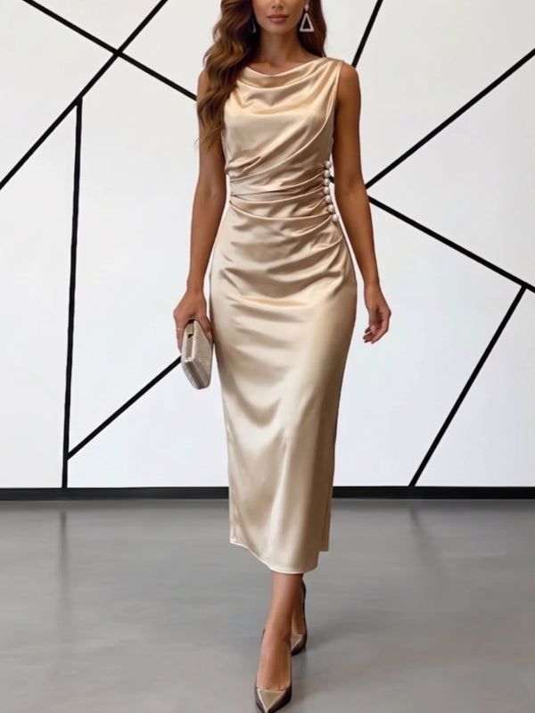 Sheath/Column Cowl Neck Silk Satin Cocktail Dresses Sleeveless Faux Pearl Tea-Length Ruched Formal Dresses