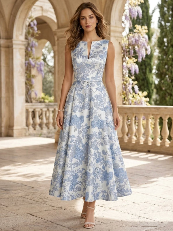 A-Line/Princess V-Neck Jacquard Cocktail Dresses Floral Tea-Length Sleeveless Formal Dresses