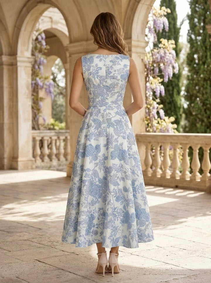 A-Line/Princess V-Neck Jacquard Cocktail Dresses Floral Tea-Length Sleeveless Formal Dresses