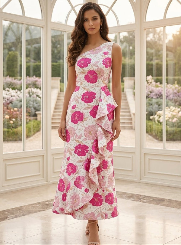 Sheath/Column One-Shoulder Jacquard Cocktail Dresses Floral Ankle-Length Sleeveless Ruffles Formal Dresses