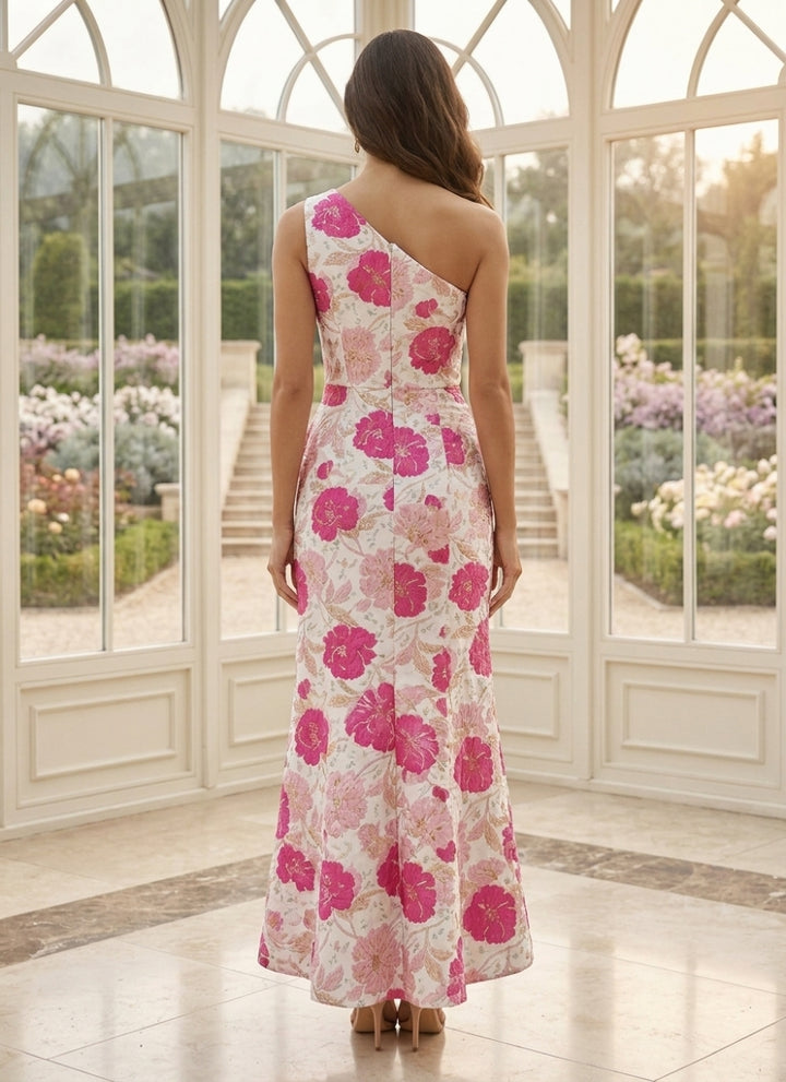 Sheath/Column One-Shoulder Jacquard Cocktail Dresses Floral Ankle-Length Sleeveless Ruffles Formal Dresses