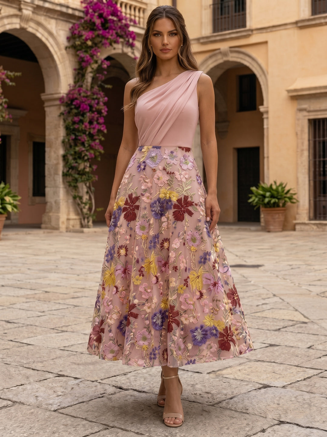 A-Line/Princess One-Shoulder Cocktail Dresses Elastic Chiffon Tea-Length Sleeveless Lace Floral Formal Dresses
