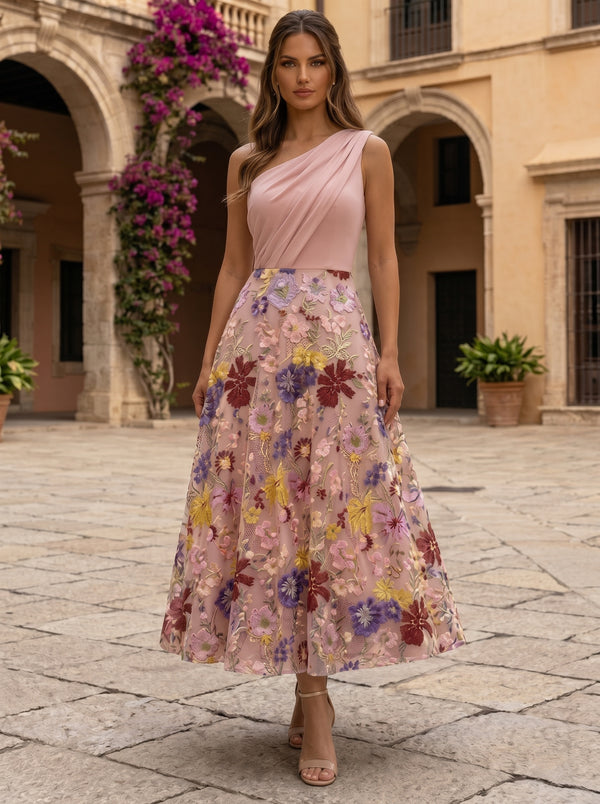 A-Line/Princess One-Shoulder Cocktail Dresses Elastic Chiffon Tea-Length Sleeveless Lace Floral Formal Dresses