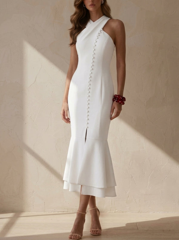 Sheath/Column Cross Neck Stretch Satin Cocktail Dresses Tea-Length Sleeveless Button Formal Dresses