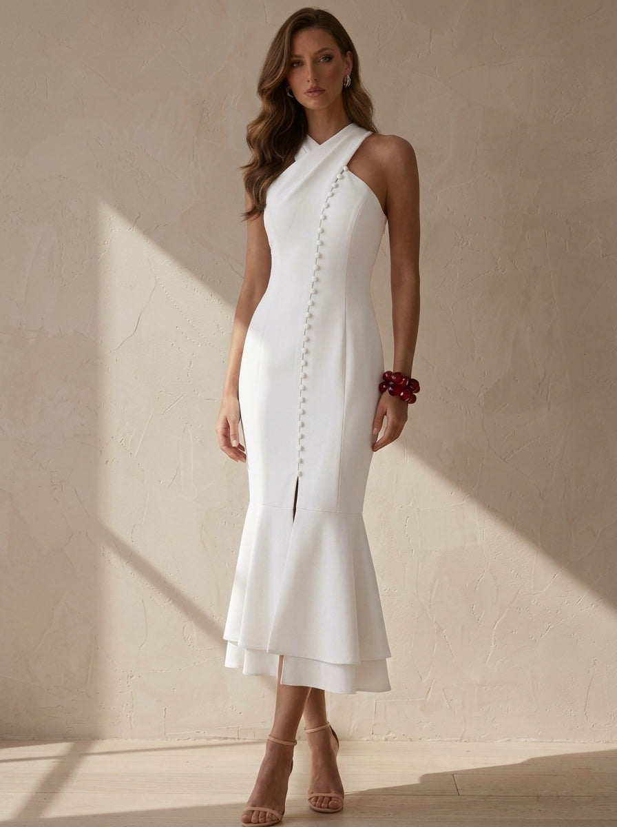 Sheath/Column Cross Neck Stretch Satin Cocktail Dresses Tea-Length Sleeveless Button Formal Dresses