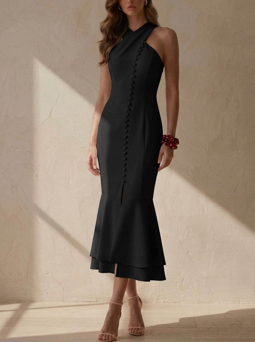 Sheath/Column Cross Neck Stretch Satin Cocktail Dresses Tea-Length Sleeveless Button Formal Dresses