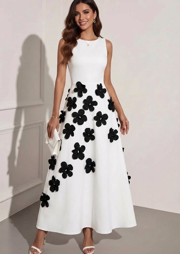 A-Line/Princess Scoop Stretch Satin Cocktail Dresses with 3D Flower Ankle-Length Sleeveless Formal Dresses