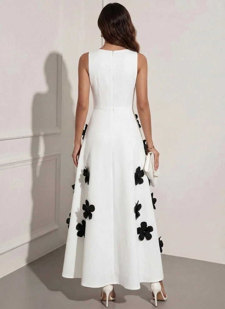 A-Line/Princess Scoop Stretch Satin Cocktail Dresses with 3D Flower Ankle-Length Sleeveless Formal Dresses