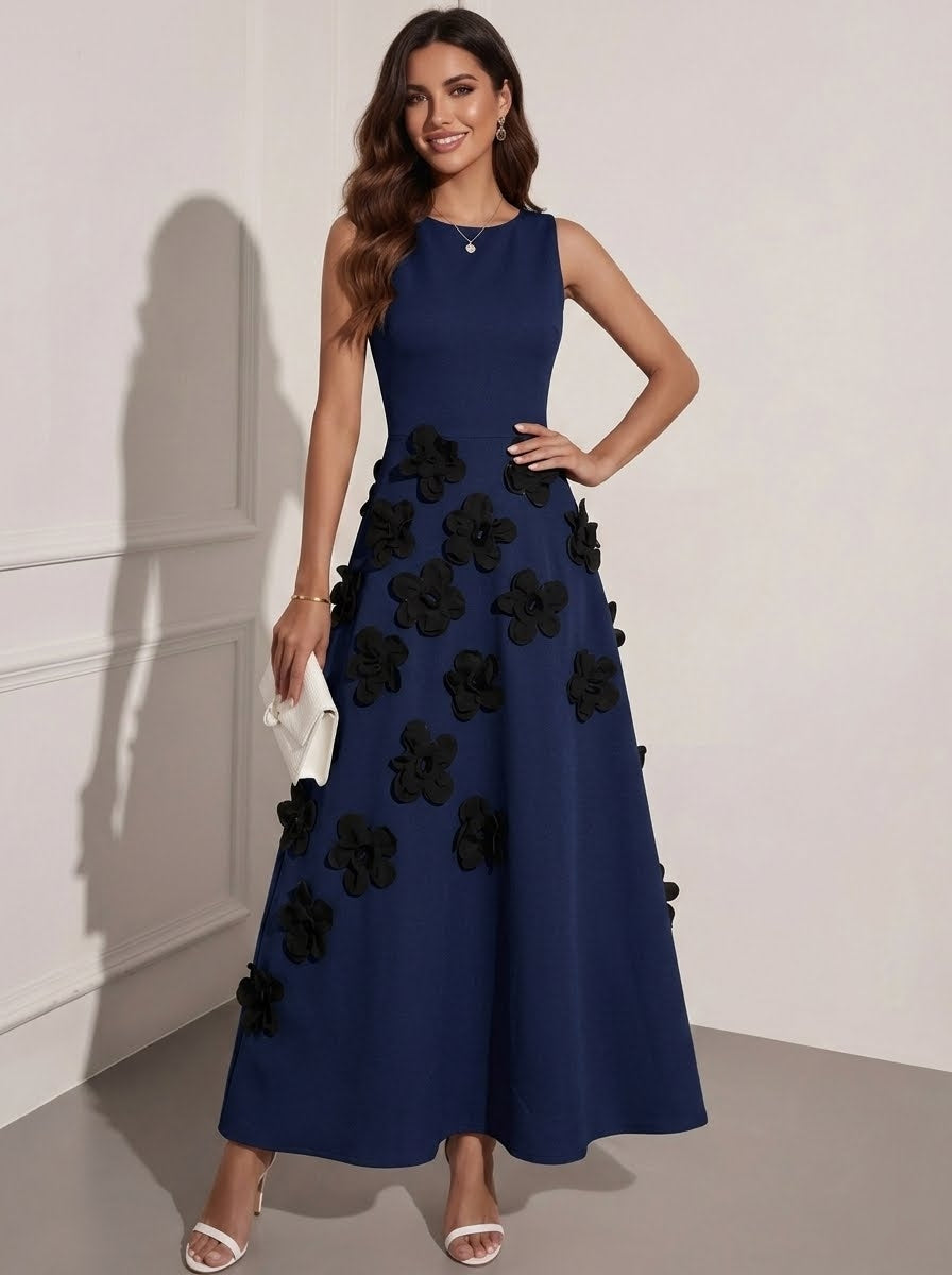 A-Line/Princess Scoop Stretch Satin Cocktail Dresses with 3D Flower Ankle-Length Sleeveless Formal Dresses
