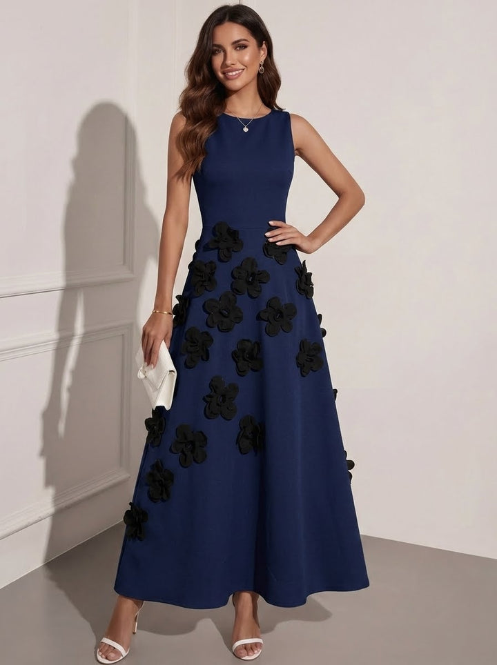 A-Line/Princess Scoop Stretch Satin Cocktail Dresses with 3D Flower Ankle-Length Sleeveless Formal Dresses