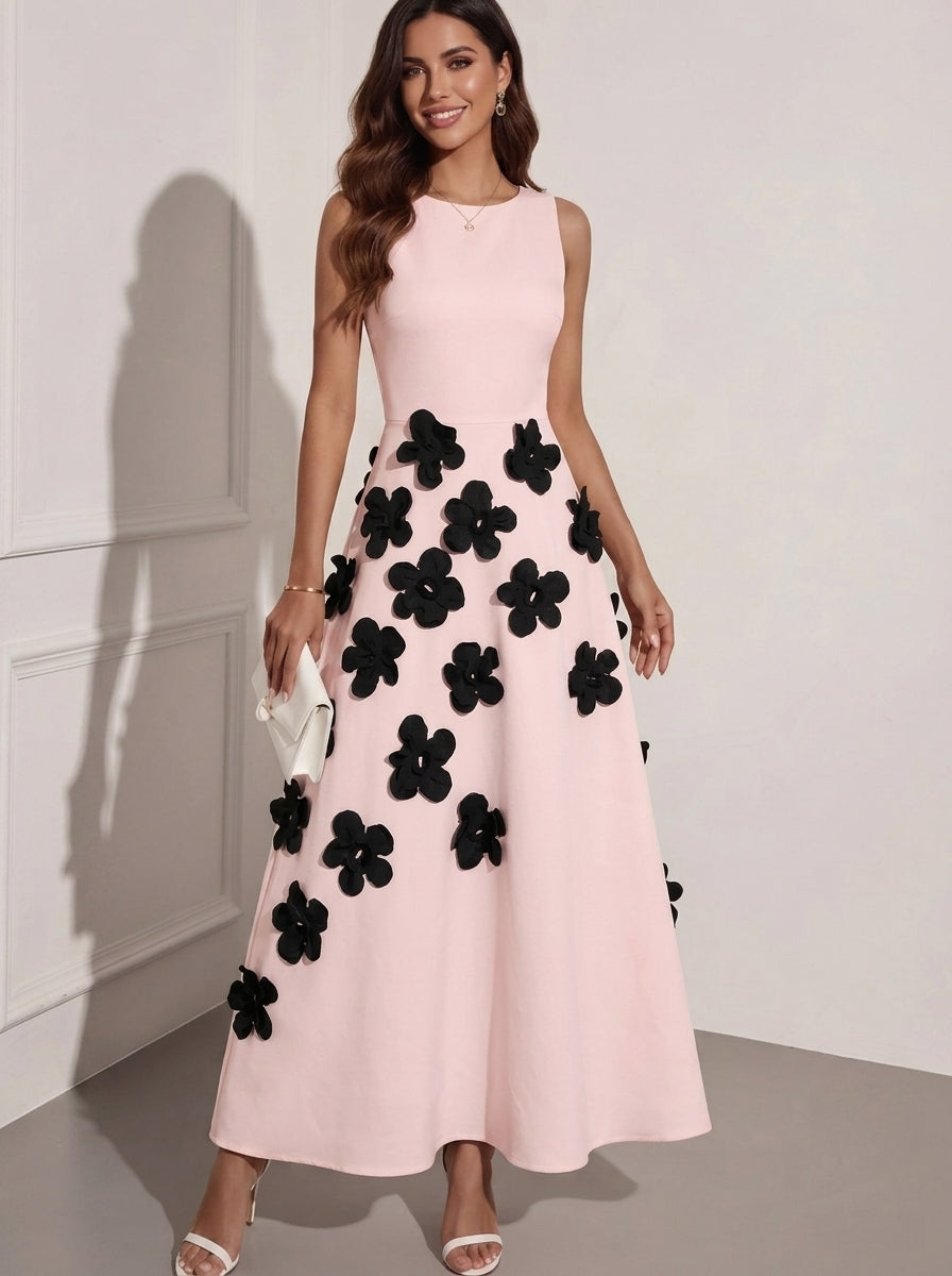 A-Line/Princess Scoop Stretch Satin Cocktail Dresses with 3D Flower Ankle-Length Sleeveless Formal Dresses