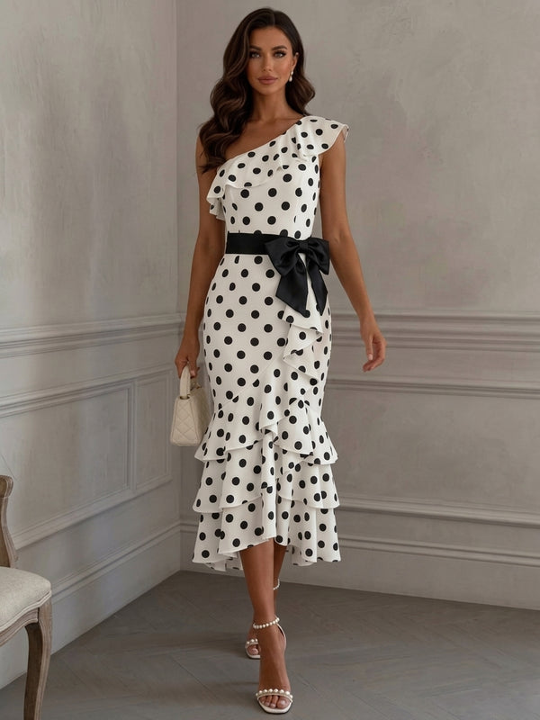 Sheath/Column One-Shoulder Polka Dot Cocktail Dresses with Bowknot Tea-Length Sleeveless Ruffles Formal Dresses