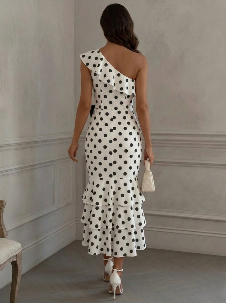 Sheath/Column One-Shoulder Polka Dot Cocktail Dresses with Bowknot Tea-Length Sleeveless Ruffles Formal Dresses