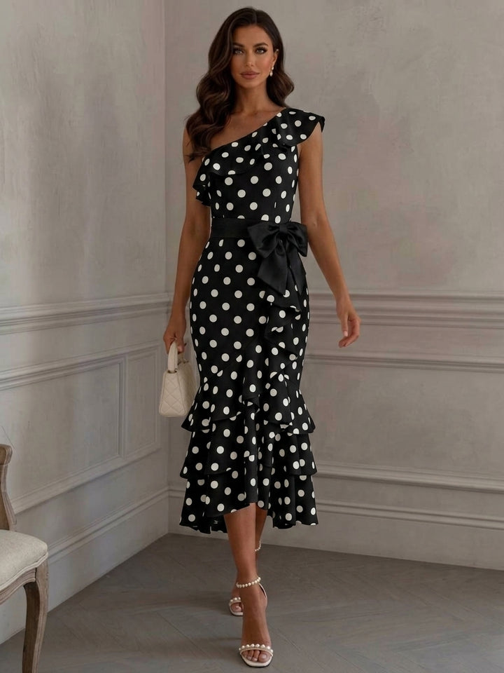 Sheath/Column One-Shoulder Polka Dot Cocktail Dresses with Bowknot Tea-Length Sleeveless Ruffles Formal Dresses