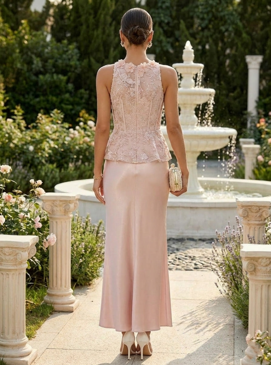 Sheath/Column Scoop Silk Satin Cocktail Dresses with 3D Flower Sleeveless Ankle-Length Lace Floral Formal Dresses