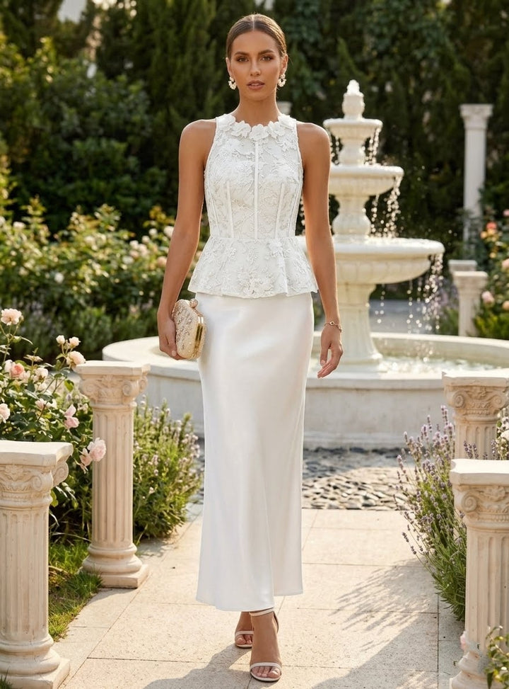 Sheath/Column Scoop Silk Satin Cocktail Dresses with 3D Flower Sleeveless Ankle-Length Lace Floral Formal Dresses