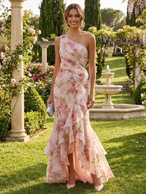 Trumpet/Mermaid One-Shoulder Chiffon Evening Dresses with 3D Flower Sleeveless Ruffles Floral Asymmetrical Floor-Length Party Dresses