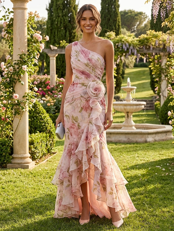 Trumpet/Mermaid One-Shoulder Chiffon Evening Dresses with 3D Flower Sleeveless Ruffles Floral Asymmetrical Floor-Length Party Dresses