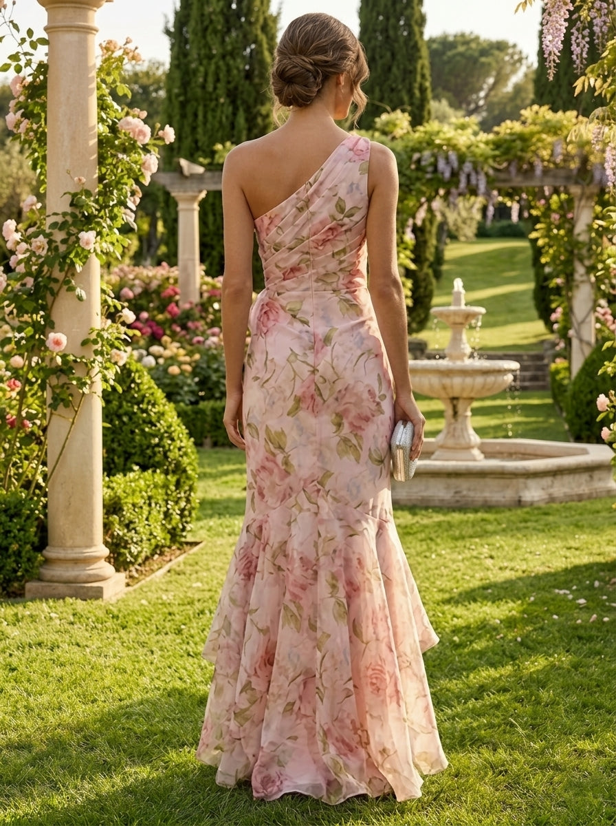 Trumpet/Mermaid One-Shoulder Chiffon Evening Dresses with 3D Flower Sleeveless Ruffles Floral Asymmetrical Floor-Length Party Dresses Sky Blue