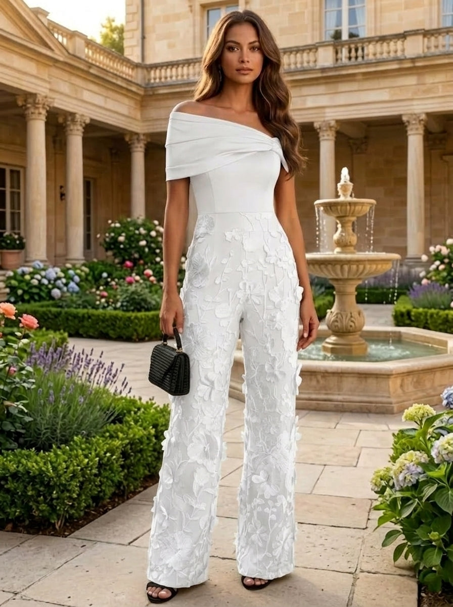 Jumpsuit Off-the-Shoulder Lace Embroidery Evening Dresses Sleeveless Floral Floor-Length Party Dresses