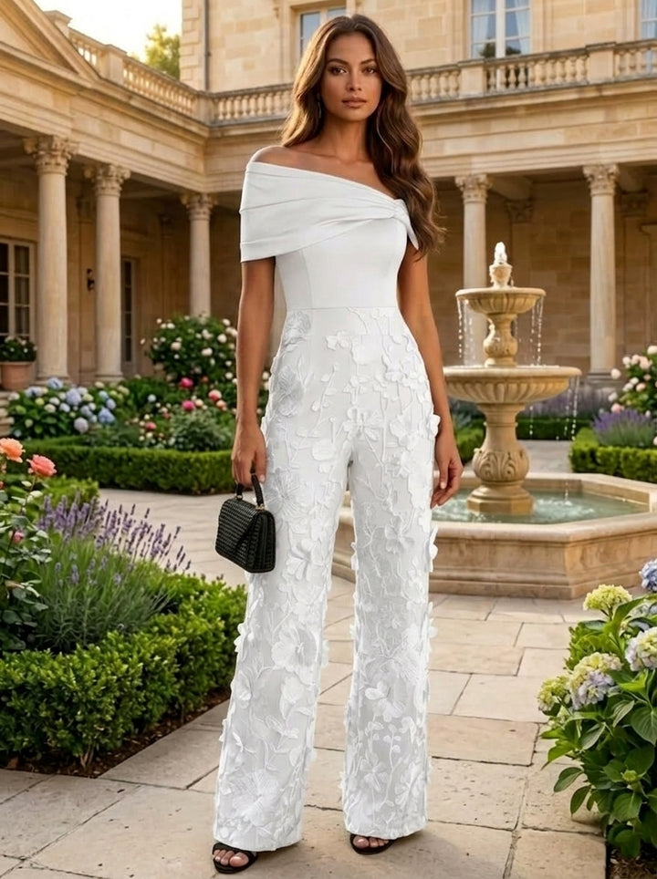 Jumpsuit Off-the-Shoulder Lace Embroidery Evening Dresses Sleeveless Floral Floor-Length Party Dresses