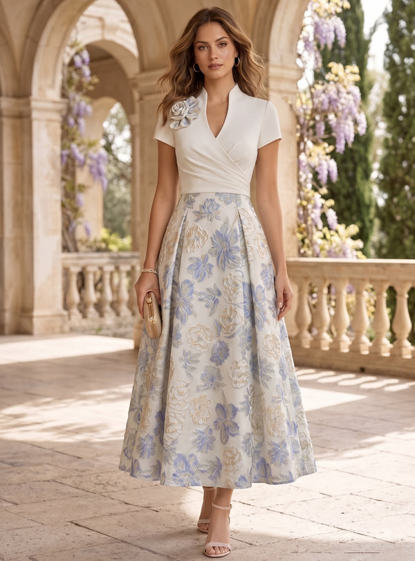 A-Line/Princess V-Neck Stretch Satin Cocktail Dresses with 3D Flower Ankle-Length Floral Short Sleeves Formal Dresses