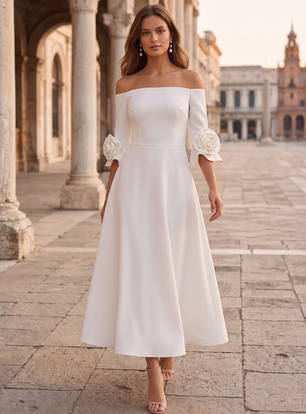A-Line/Princess Off-the-Shoulder Stretch Satin Cocktail Dresses with 3D Flower Ankle-Length Floral 3/4 Sleeves Formal Dresses