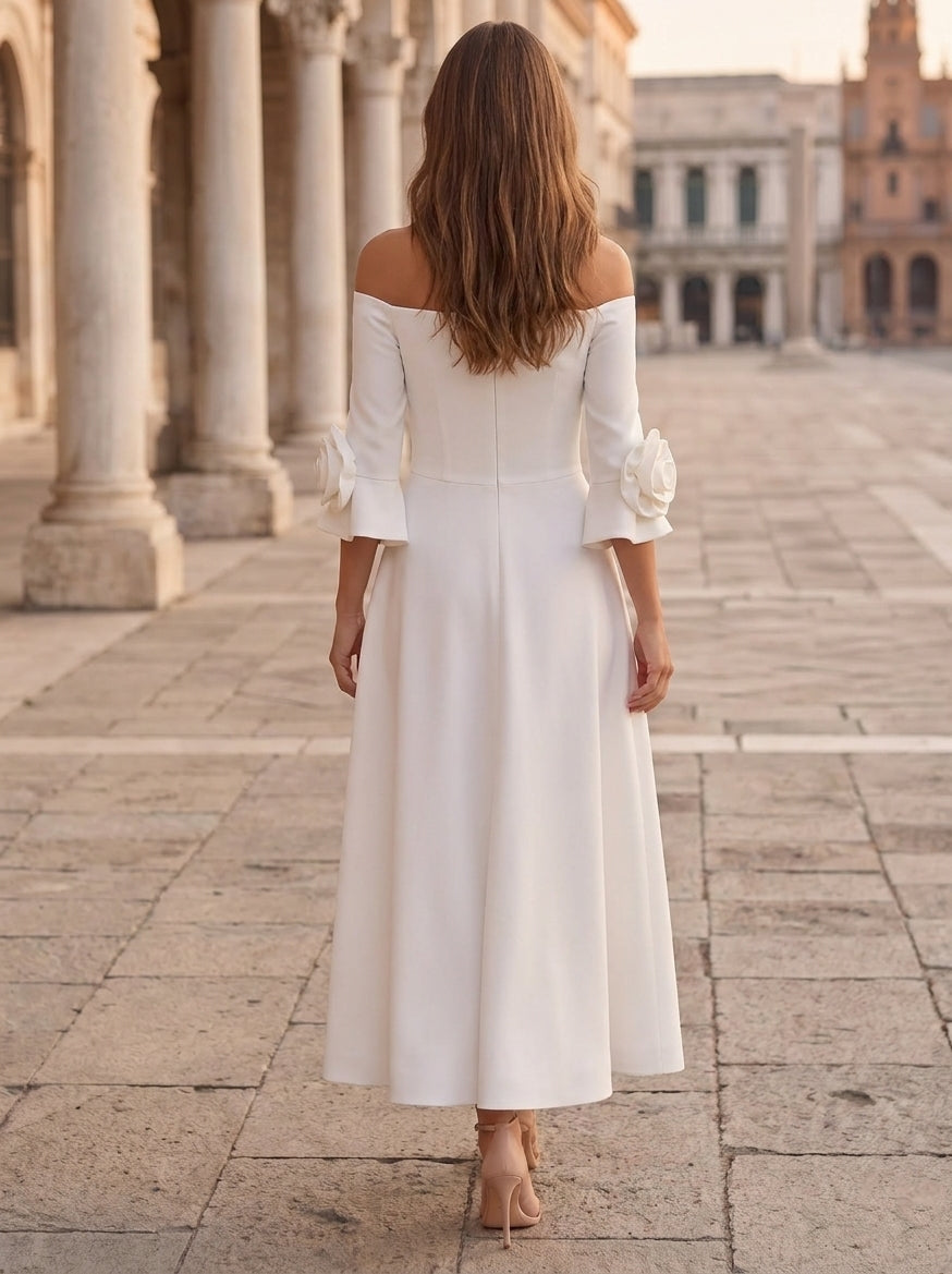 A-Line/Princess Off-the-Shoulder Stretch Satin Cocktail Dresses with 3D Flower Ankle-Length Floral 3/4 Sleeves Formal Dresses