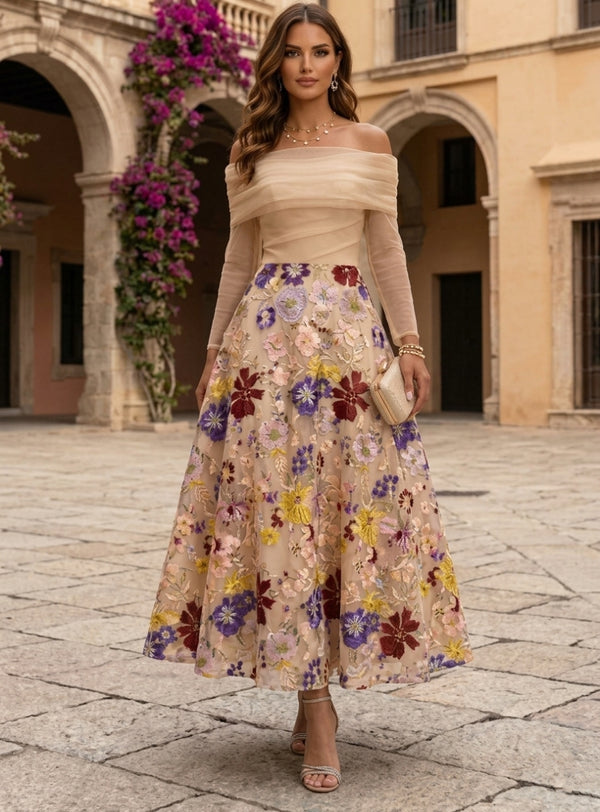 A-Line/Princess Off-the-Shoulder Lace Embroidery Cocktail Dresses Ankle-Length Long Sleeves Floral Formal Dresses