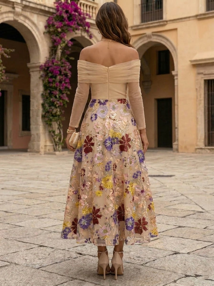A-Line/Princess Off-the-Shoulder Lace Embroidery Cocktail Dresses Ankle-Length Long Sleeves Floral Formal Dresses