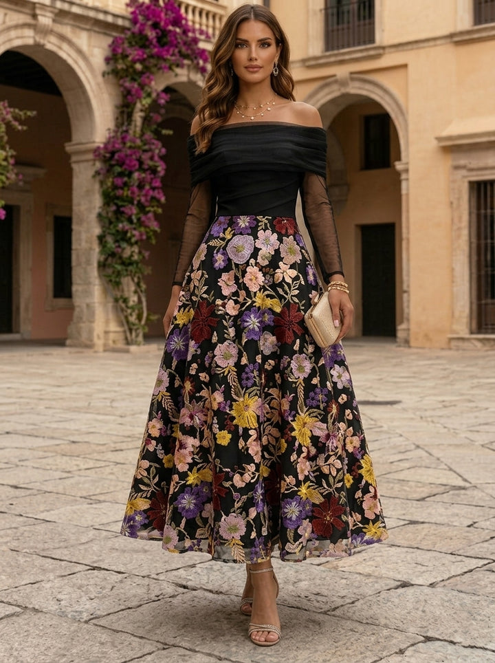 A-Line/Princess Off-the-Shoulder Lace Embroidery Cocktail Dresses Ankle-Length Long Sleeves Floral Formal Dresses