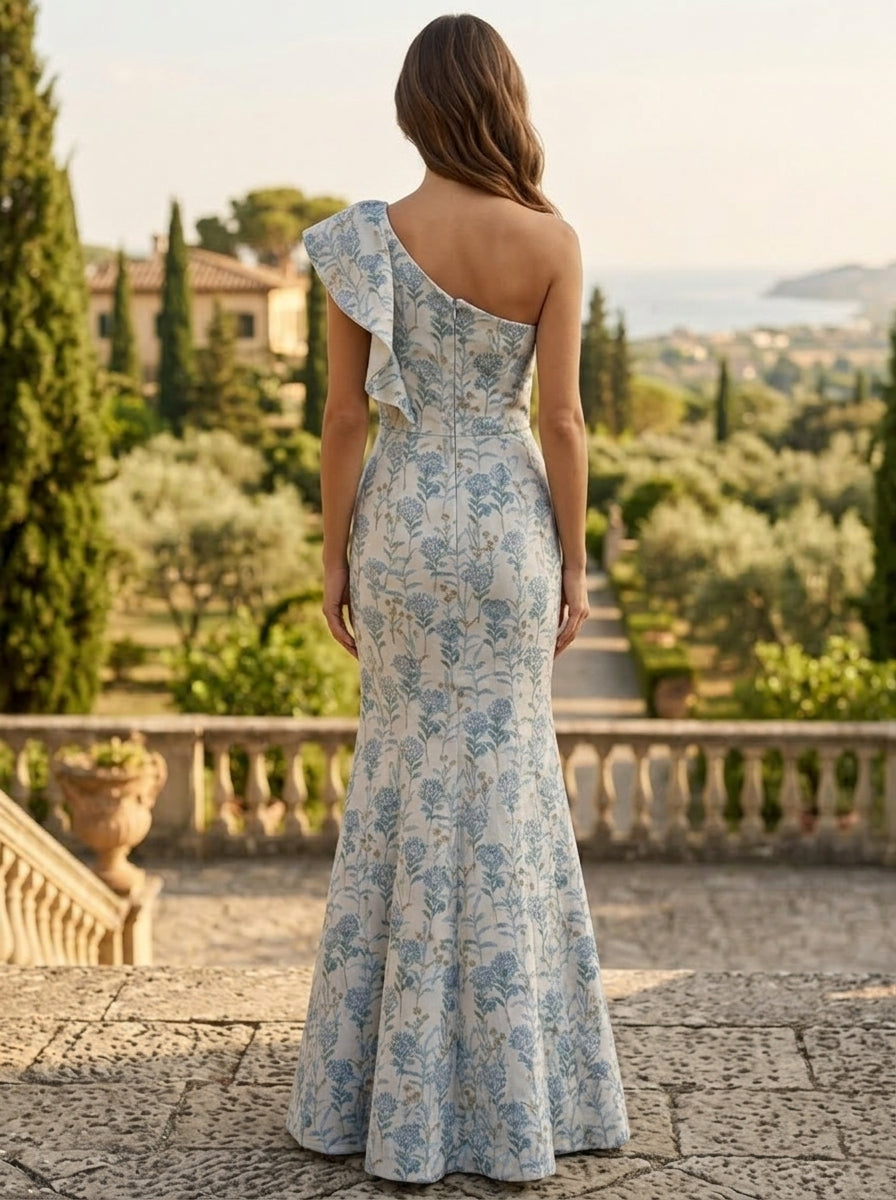 Trumpet/Mermaid One-Shoulder Jacquard Evening Dresses Floral Sleeveless Ruffles Floor-Length Party Dresses
