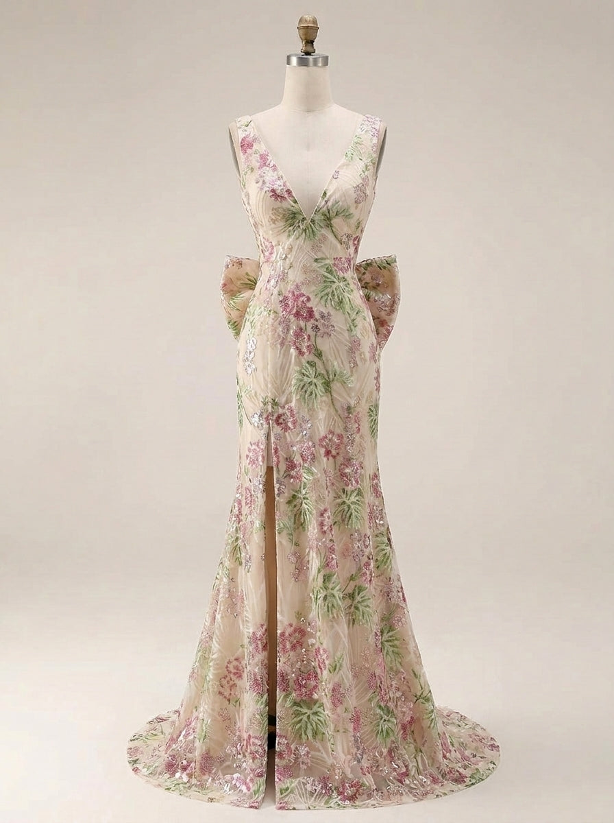 Trumpet/Mermaid V-Neck Sequins Floral Evening Dresses with Bowknot Floor-Length Sleeveless Party Dresses
