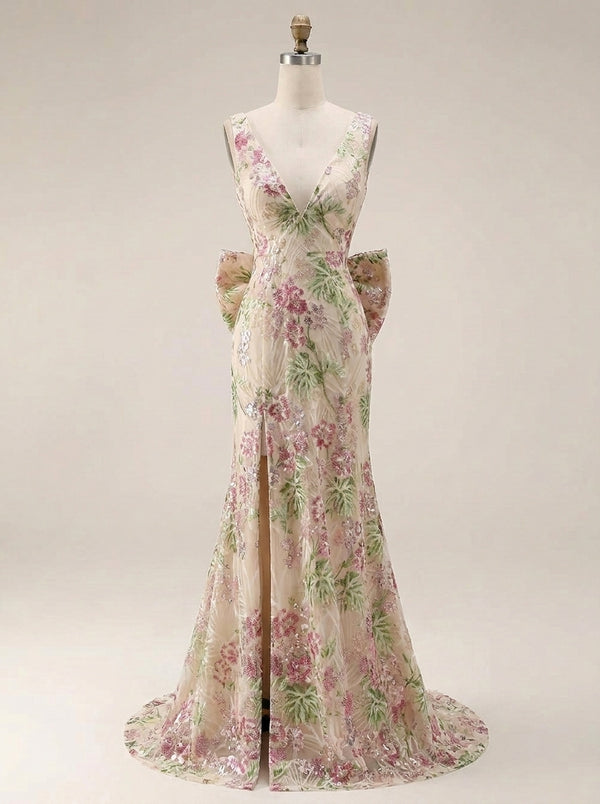 Trumpet/Mermaid V-Neck Sequins Floral Evening Dresses with Bowknot Floor-Length Sleeveless Party Dresses